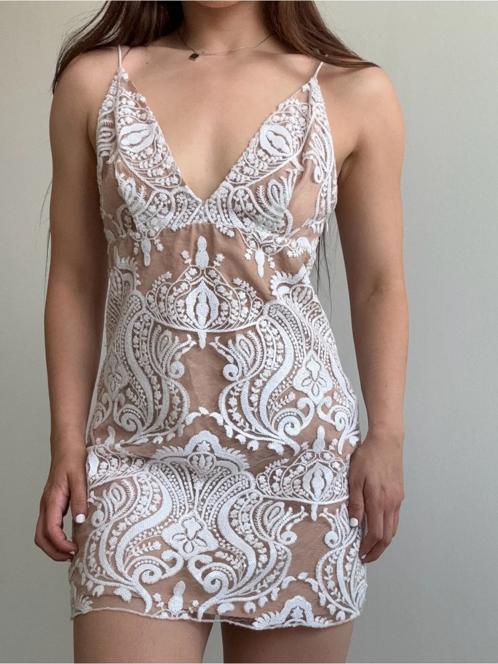 Free People White Embroidered Lace Plunge Mini Dress